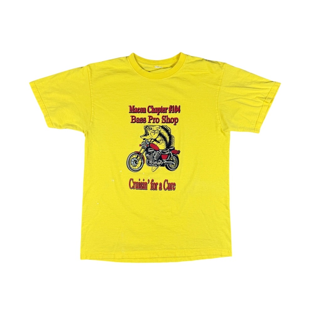 Vtg Bass Pro Shop Cruisin' for a Cure Men's M Yellow Graphic Motorcycle Tee